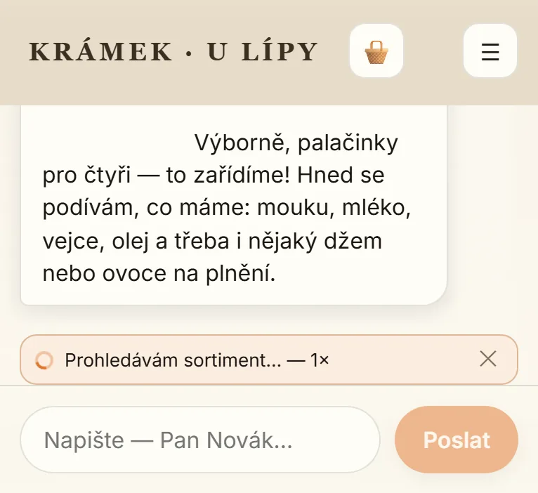 Zákazník napíše, co potřebuje na palačinky, a AI prodavač začne hledat v sortimentu.